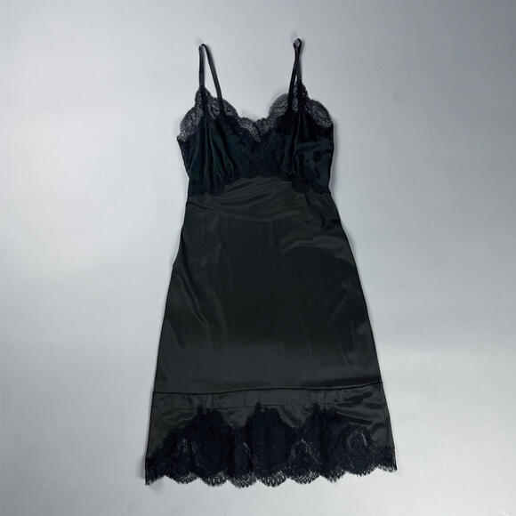 Dresses & Skirts - Vintage Black Satin Dress Slip or Nylon Nightgown with Lace Trim